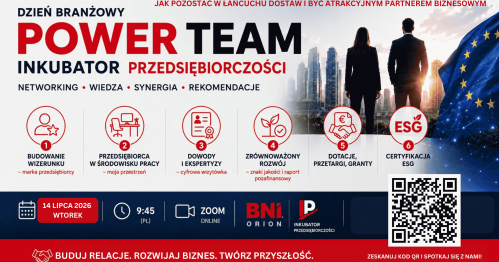 DZIEŃ BRANŻOWY POWER TEAM INKUBATOR PRZEDSIĘBIORCZOŚCI BNI ORION ONLINE 14/07/2026 | 9:45 PL | ZOOM
