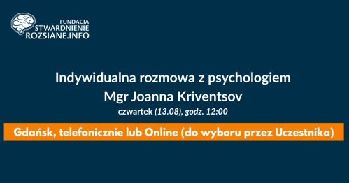 Indywidualna rozmowa z psychologiem, mgr Joanna Kriventsov (Gdańsk LUB online LUB telefonicznie, 13.08.2026, godz. 12:00)