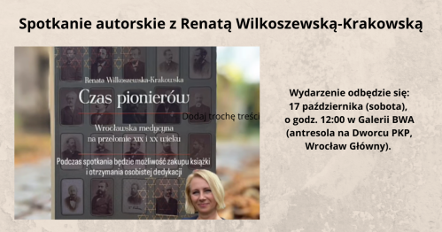 Spotkanie autorskie z Renatą Wilkoszewską-Krakowską, autorką książki "Czas pionierów. Wrocławska medycyna na przełomie XIX i XX wieku",
