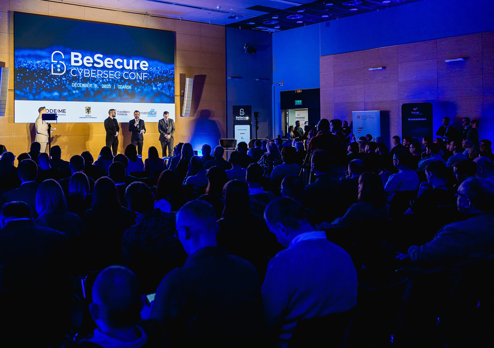 Photo from opening ceremony of BeSecure conference, showing full lecture hall.