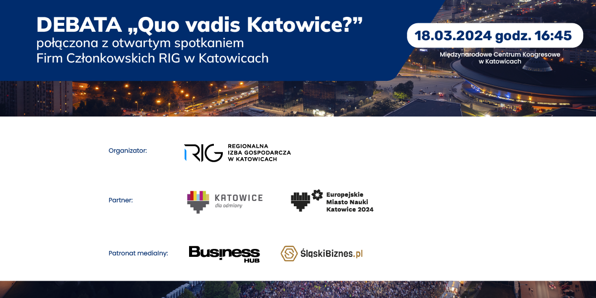 logotypy Partnerów wydarzenia: RIG, Miasto Katowice, Europejska Stolica Nauki Katowice 2024, Śląski Biznes, Business HUB